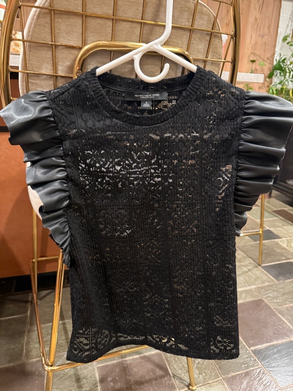 Marc New York Black Lace Tank with Faux-Leather Ruffle Sleeves